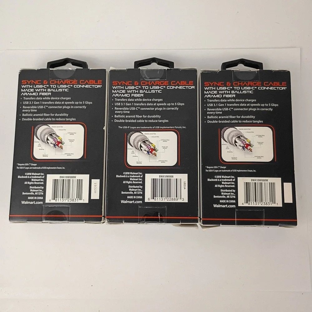3 Pack of Black Web  3-foot Sync & Charge Cables  with USB-C And USB-C Connector